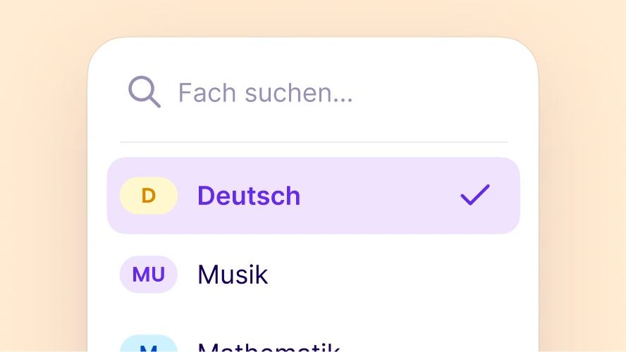 Fach-Auswahl mit Suchfeld und ausgewähltem Fach Deutsch.