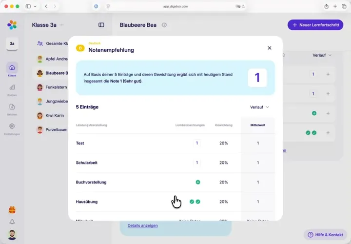 Notenverwaltung in Digidoo