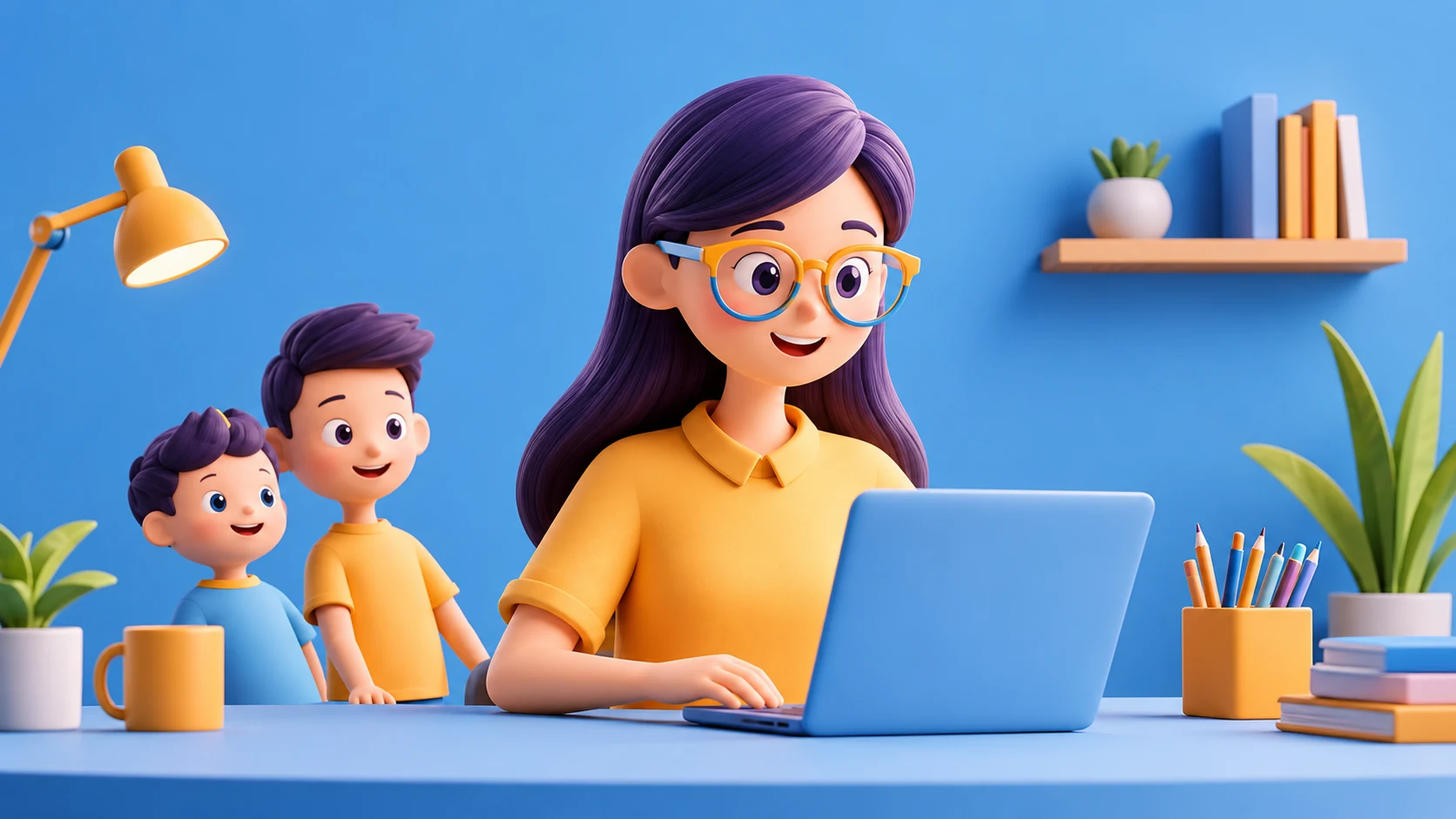 Illustration einer Lehrerin am Laptop mit zwei Schülerinnen und Schülern.