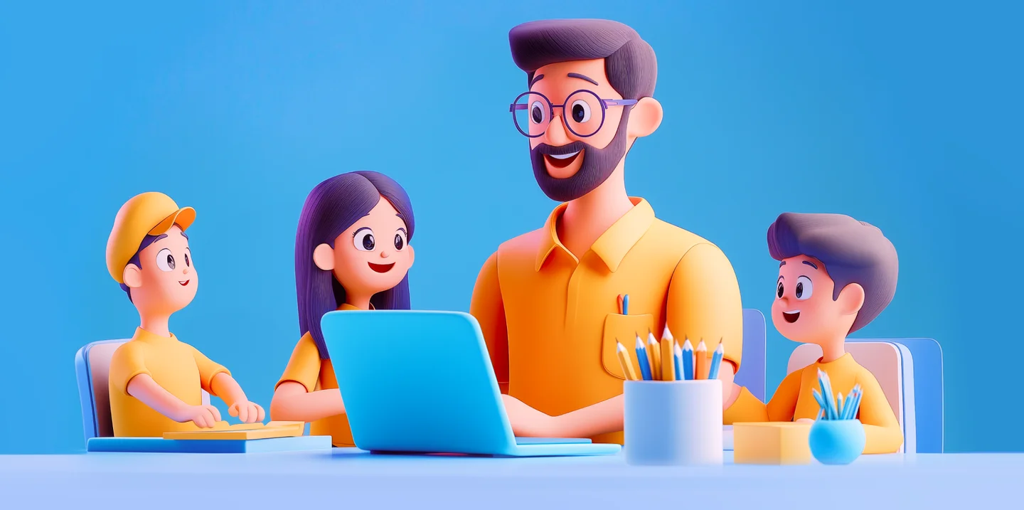Illustration einer Lehrperson mit drei Schülerinnen und Schülern an einem Laptop.